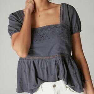 Lucky Brand Schiffley Peplum Top Puff Sleeve Navy Blue Embroidered Women’s BOHO